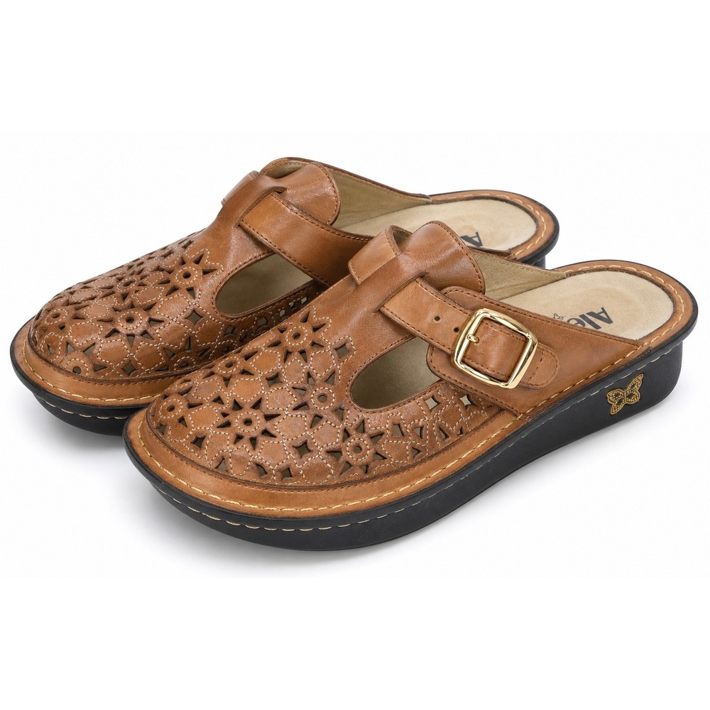 Alegria Tan Leather Sun Star Laser Cut Floral Mules Clogs EU 41 Brown